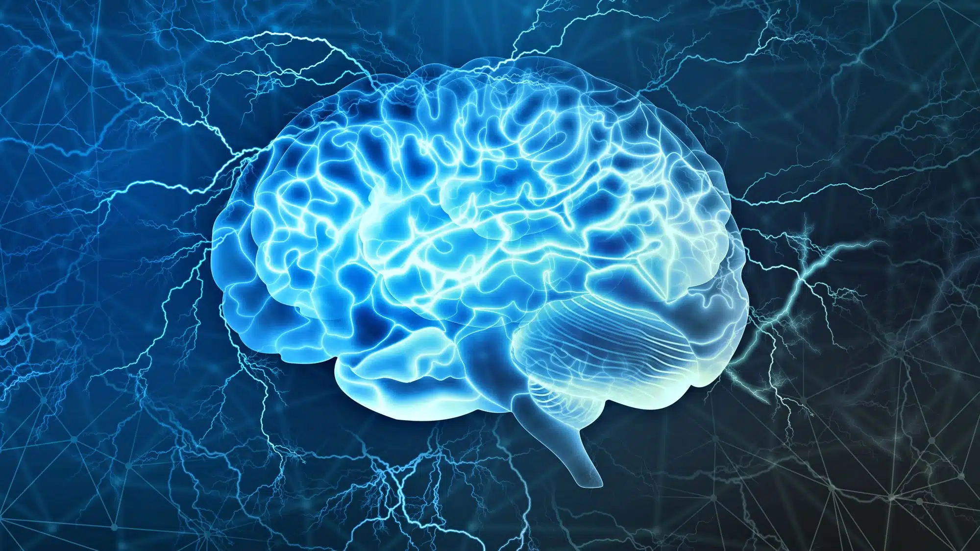 Illustration of a glowing brain with electric patterns for neuroscience research