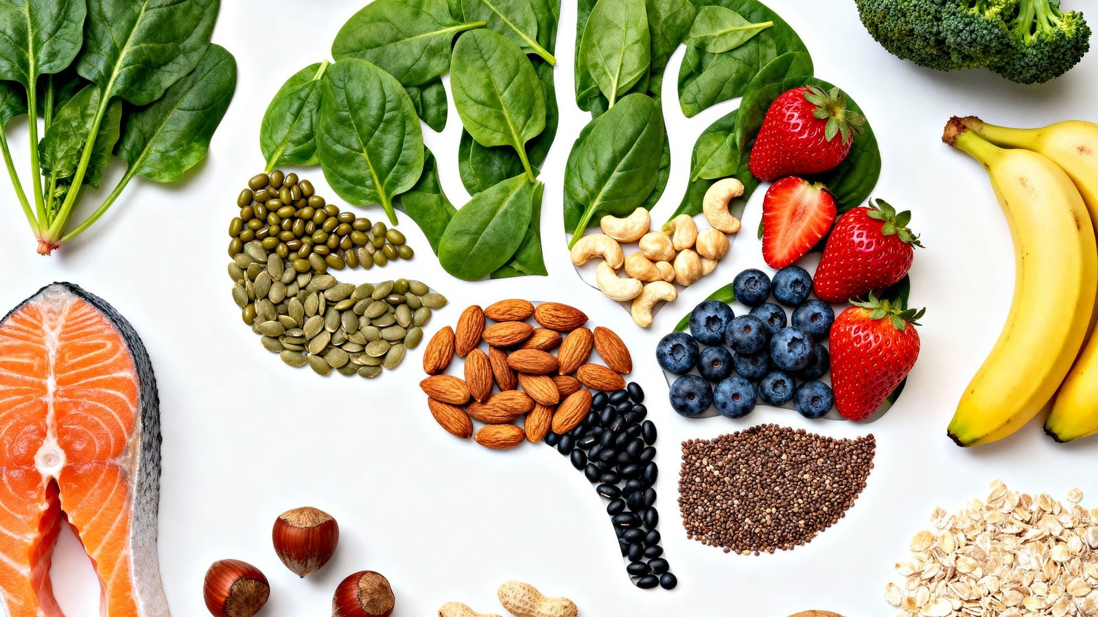 Healthy brain foods including salmon, nuts, berries, and leafy greens