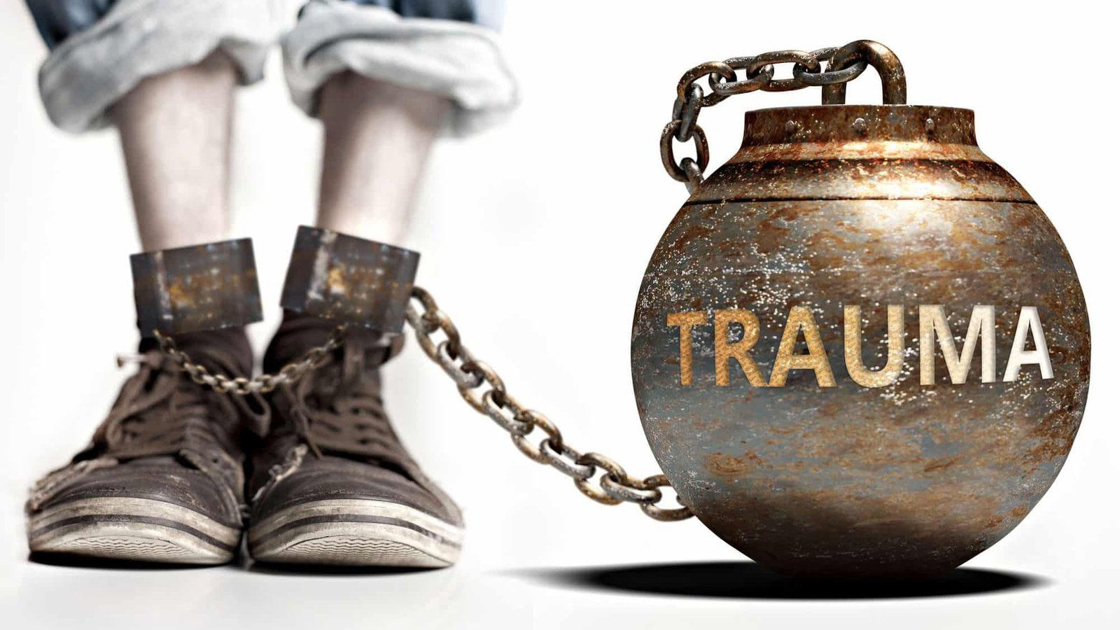 Person in shackles with large iron ball labeled 'Trauma'