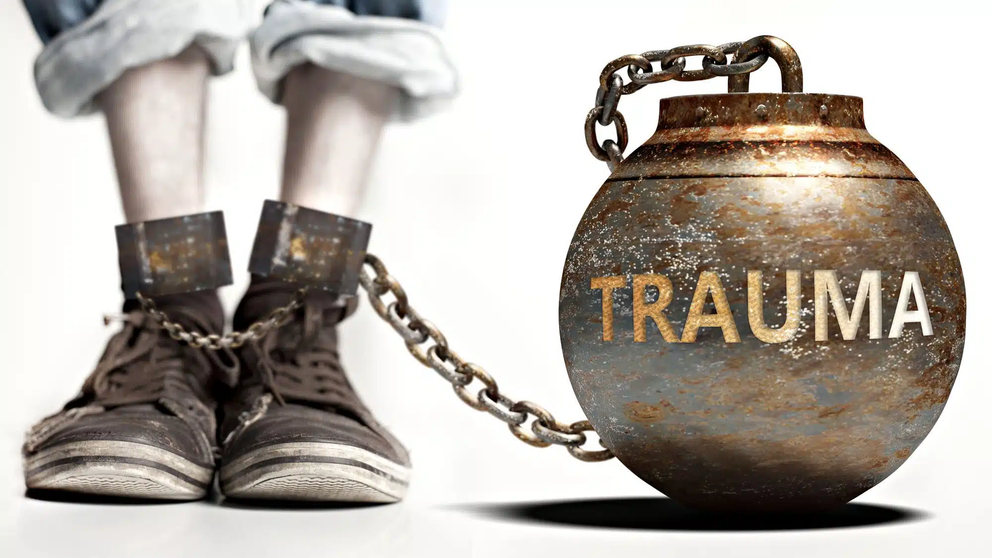 Person in shackles with large iron ball labeled 'Trauma'