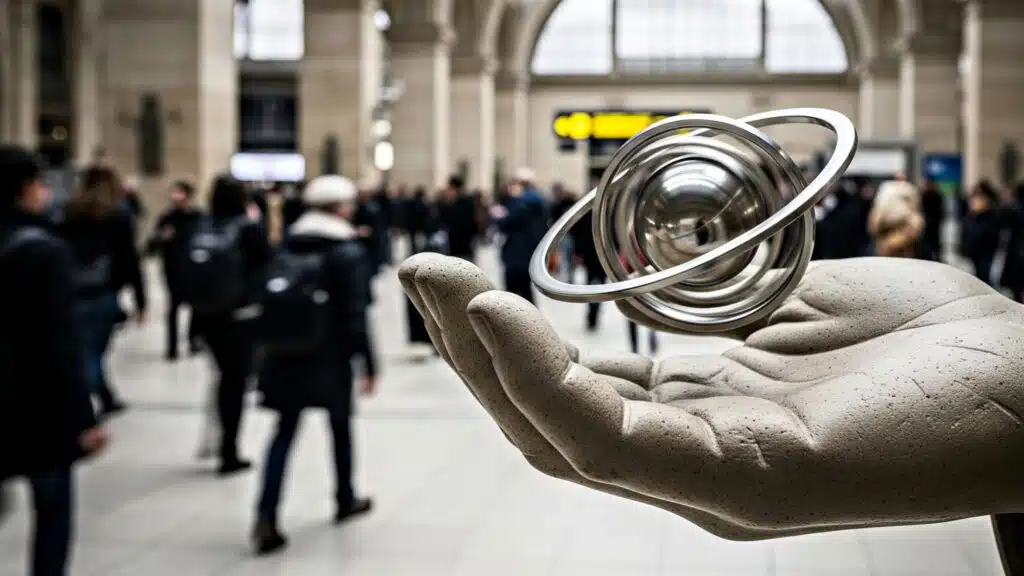 Artistic sculpture of a hand holding metallic orbits in a bustling train station