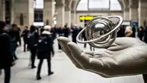 Artistic sculpture of a hand holding metallic orbits in a bustling train station