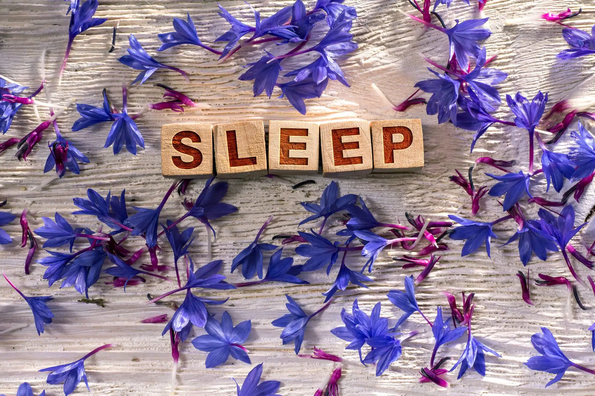Wooden blocks spelling 'SLEEP' surrounded by purple flowers on textured background
