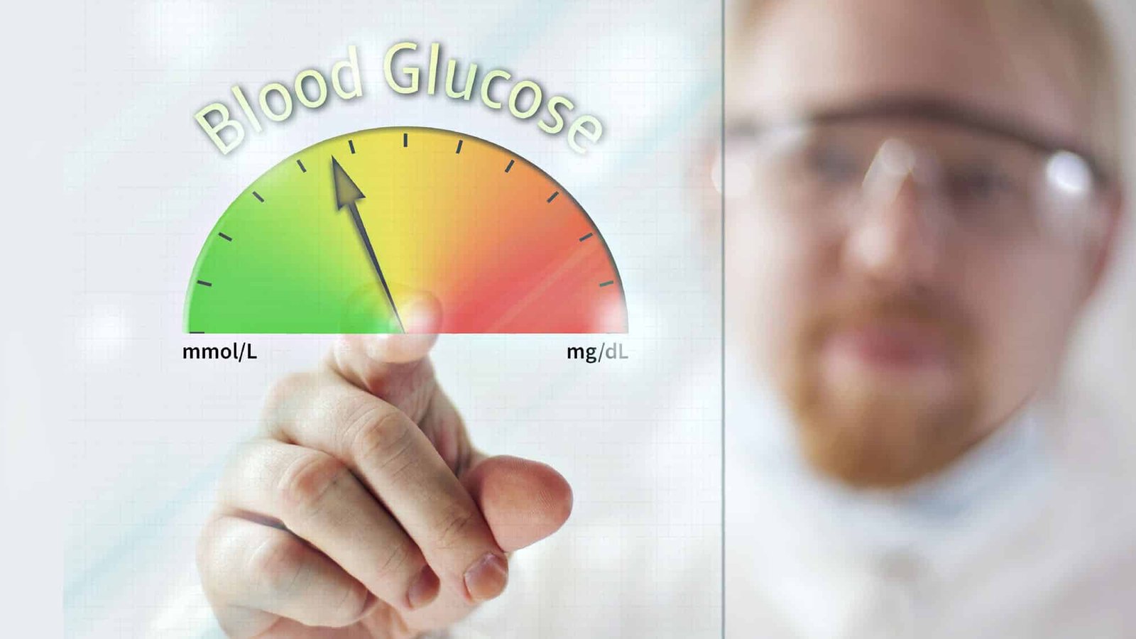 Scientist pointing at blood glucose meter display