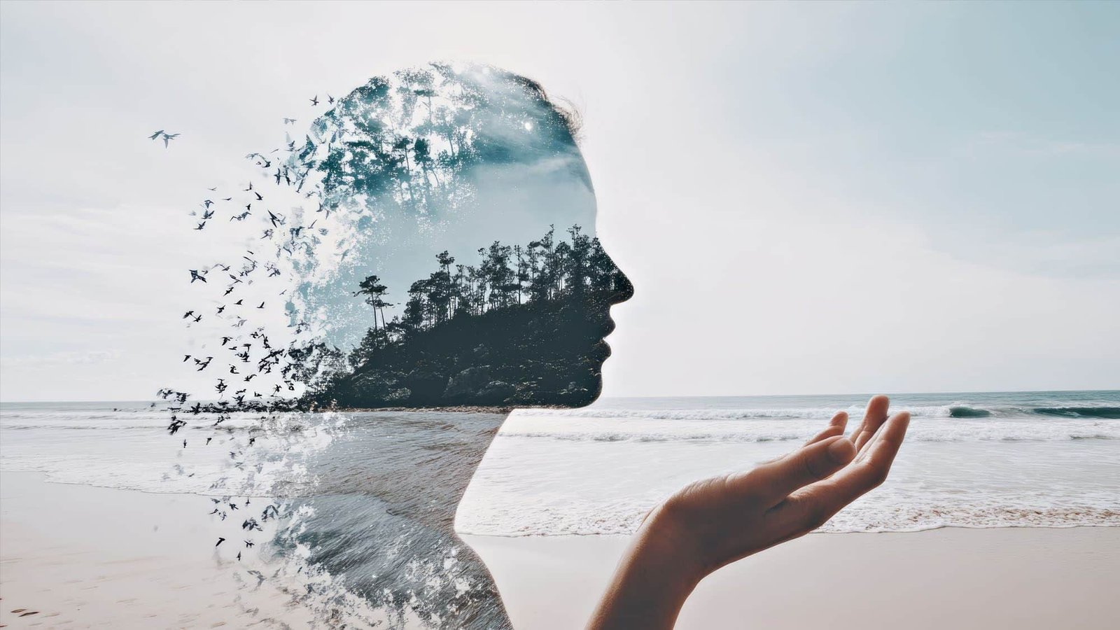 Surreal double exposure of woman and nature on a beach