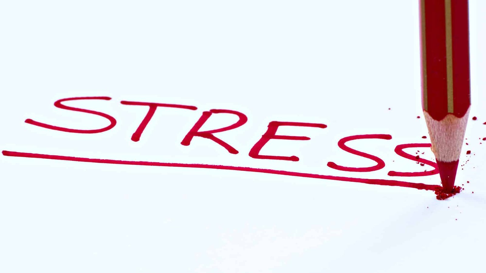 Red pencil writes 'STRESS' on white paper underlined