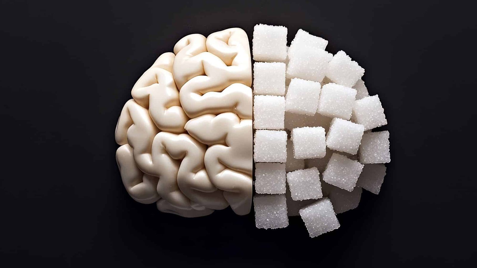 Brain model split with sugar cubes on black background