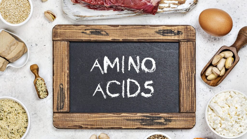 Amino acids concept with various protein-rich foods displayed