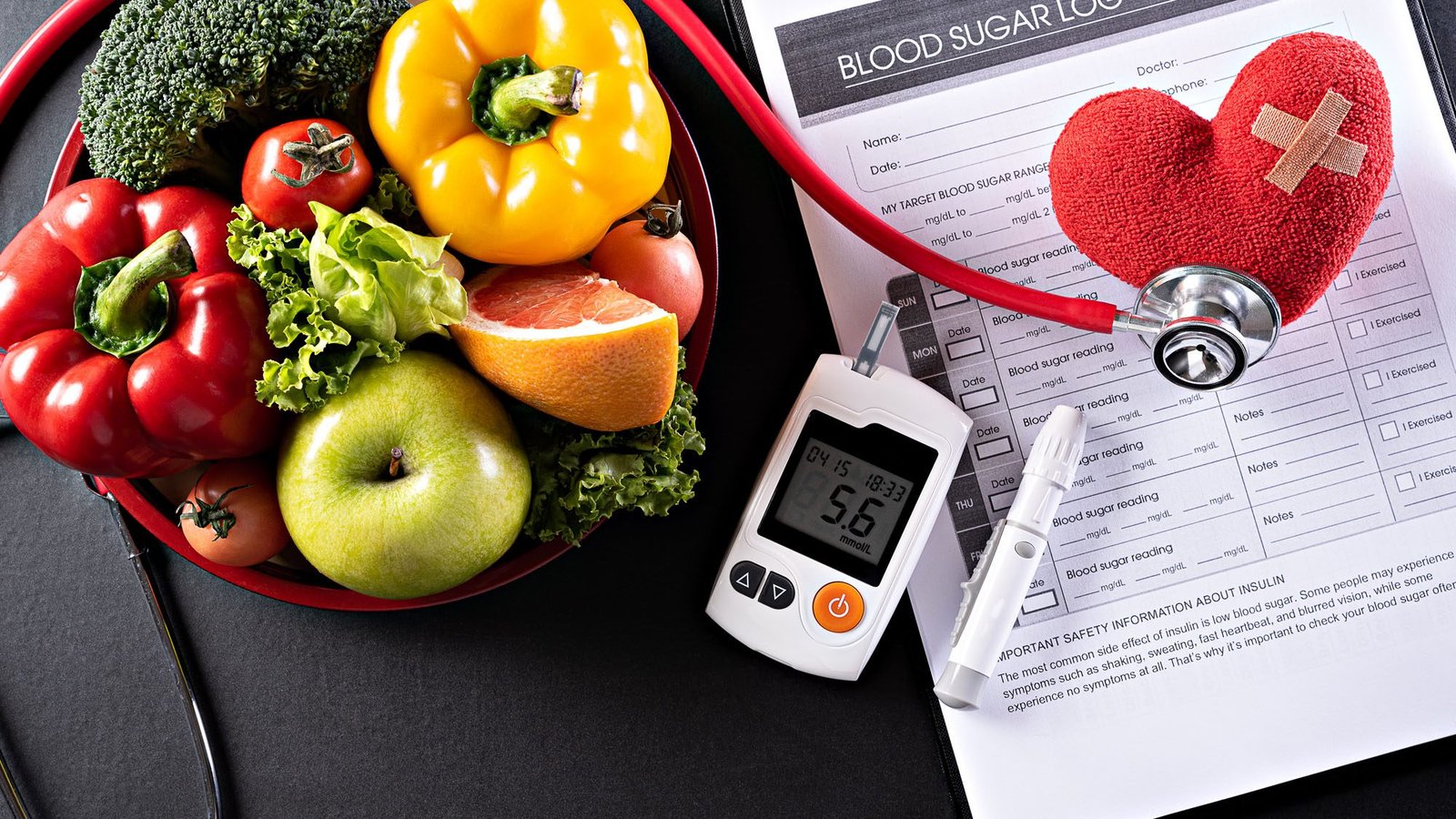 Healthy diet, blood sugar monitoring, and heart health on a black background