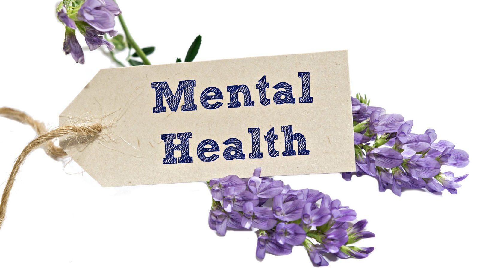 Mental health label on purple flowers, symbolizing wellness and growth