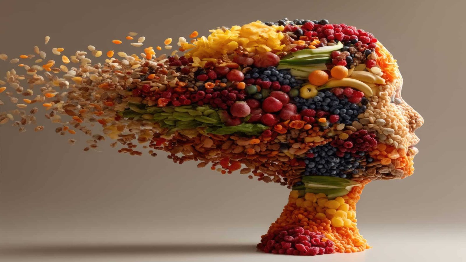 Vibrant human head sculpted from diverse fruits and nuts