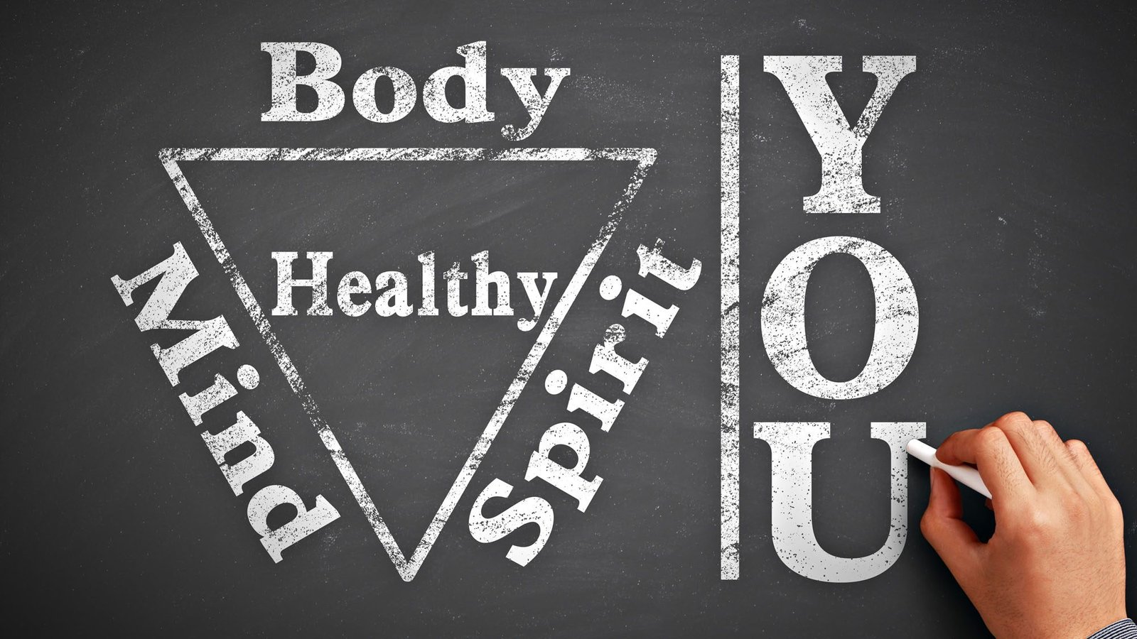 Body, Mind, Spirit triangle with chalk hand emphasizing healthy lifestyle