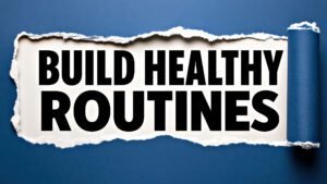 Build healthy routines text on ripped paper with blue background