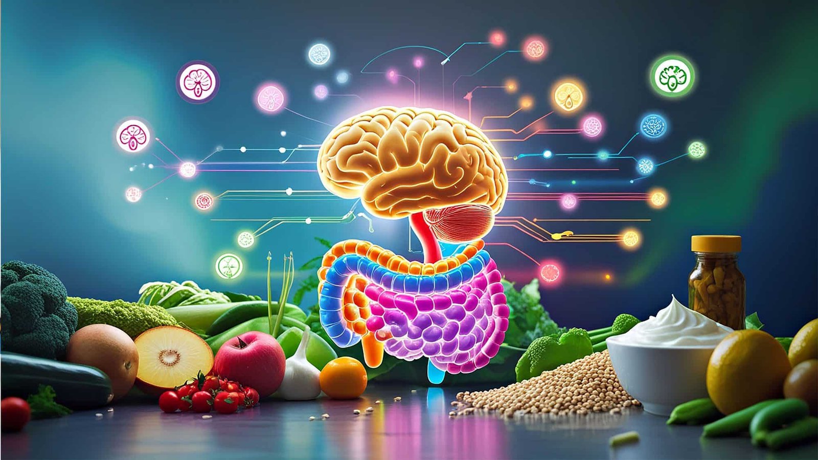 Colourful brain-gut connection concept with healthy foods and digital graphics