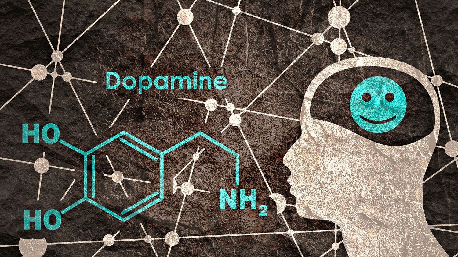 Dopamine molecule illustration and human brain graphic with smiling icon