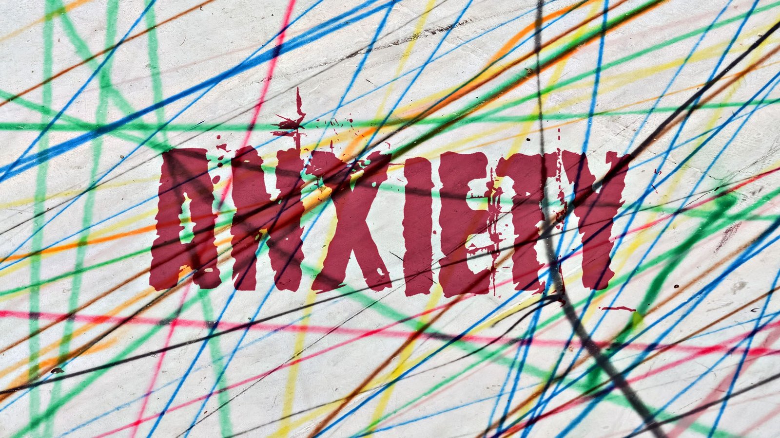 Anxiety word in red with colourful lines background