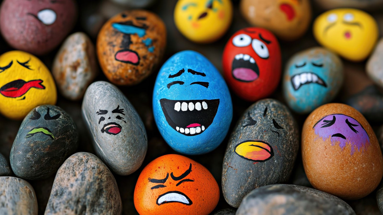 Colourful rocks with painted cartoon faces expressing various emotions